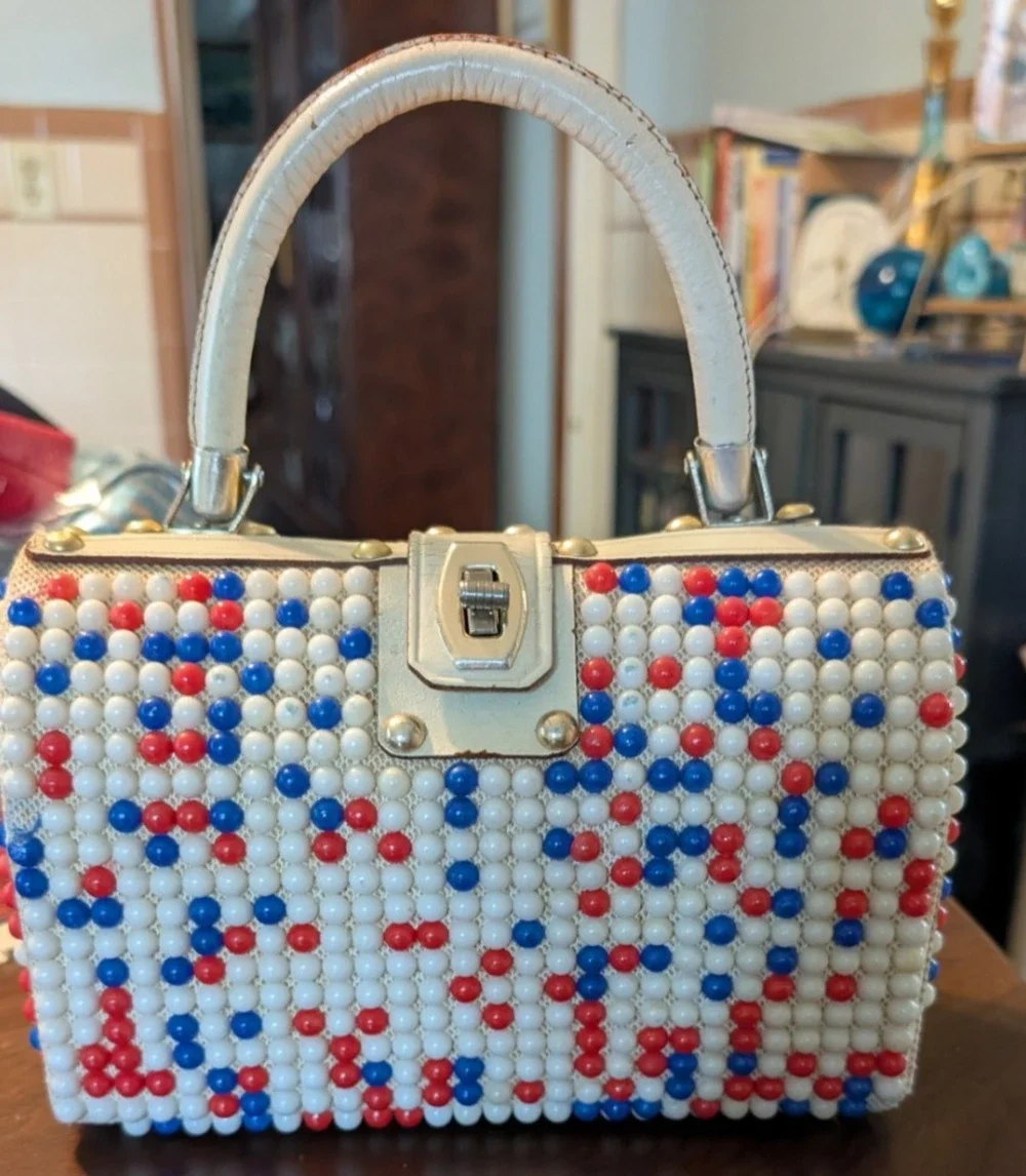 Vintage‎ Mod 1960’s Red White and Blue Plastic Beaded Purse Top Handle Hong Kong